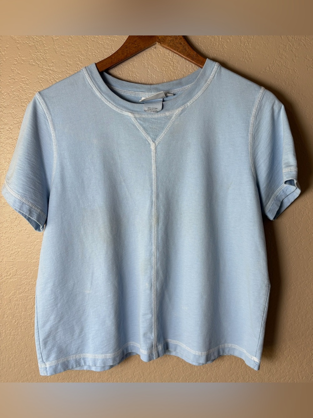 Hot Cotton Petite Marc Ware Blue Contrast Stitch Cotton Tee Top M Made USA